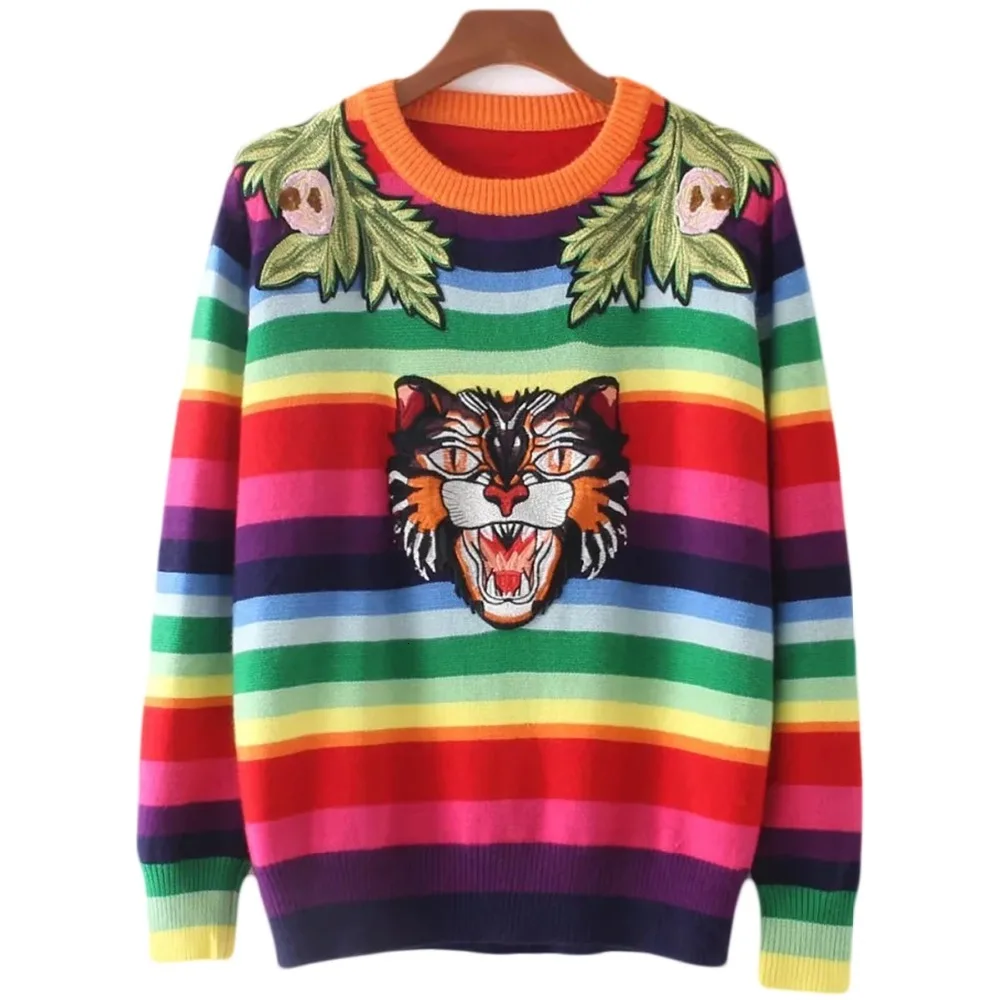 Women Sweater Rainbow Striped Unisex Runway Floral Embroidery Tiger Wool Pullovers Knitted Sweaters Letters Pull Femme Men Tops | Женская
