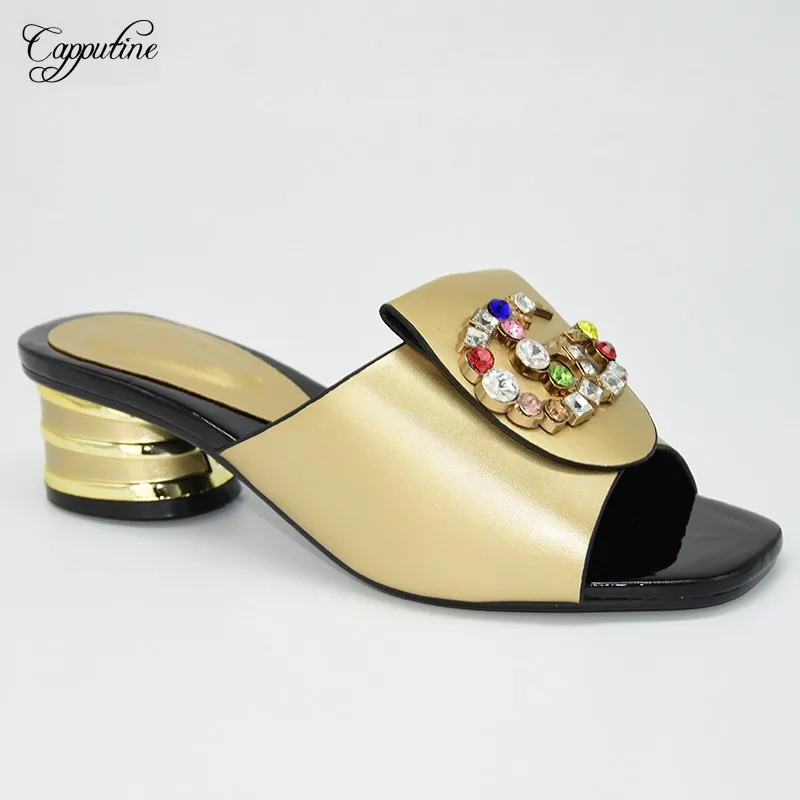

Лидер продаж, золотые тапочки, женские туфли-лодочки на высоком африканском каблуке, обувь с Rhinstones, высота каблука 86-9, 5 см