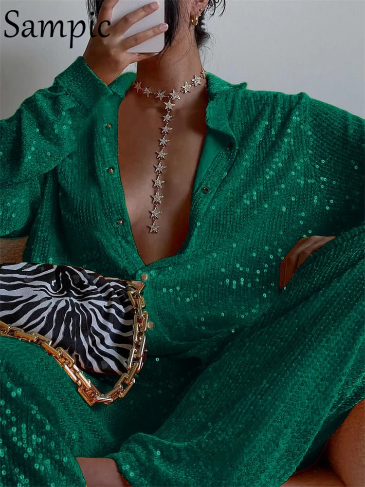 Спортивный костюм Sampic женский сексуальный летний комплект из блестящих брюк для