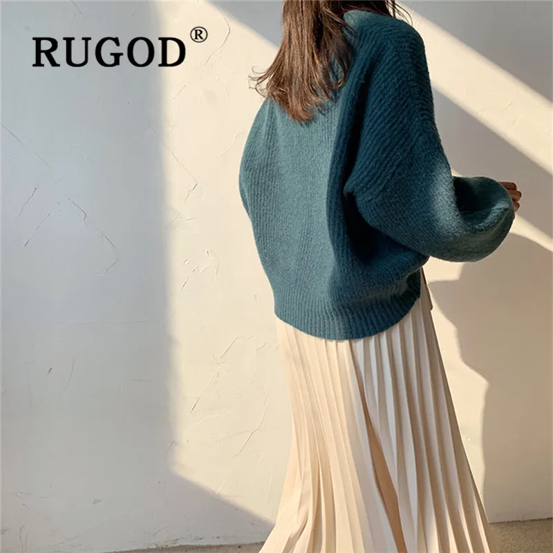 Осенне зимний утепленный однотонный однобортный свитер RUGOD с V образным вырезом и
