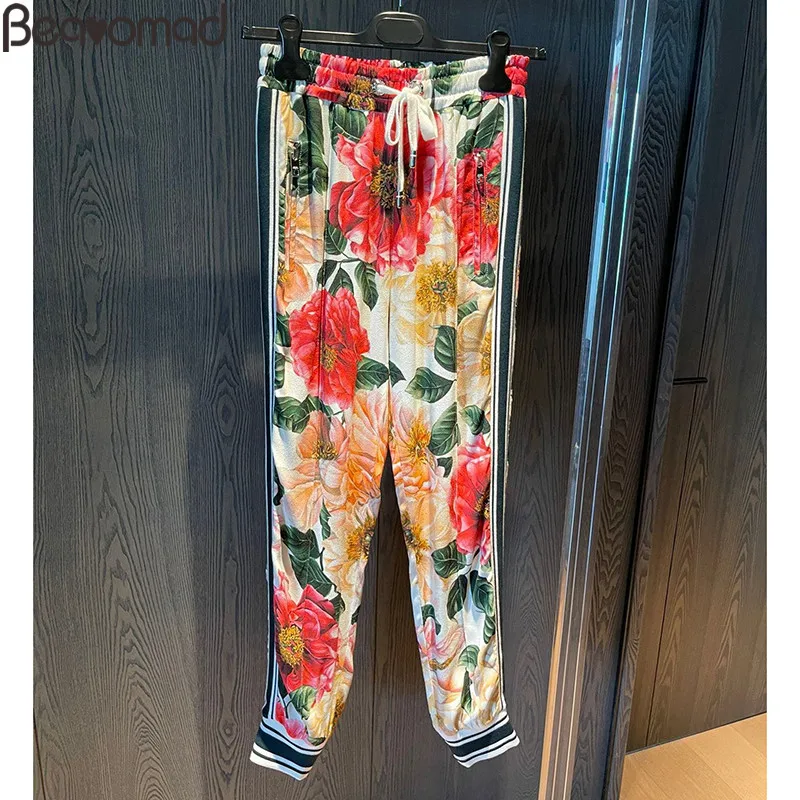 Beanomad Runway Fashion Summer Woman Pants Suit Stand Collar Straight Print Coat + Drawstring Slim Pencil Trousers 2 Piece Set