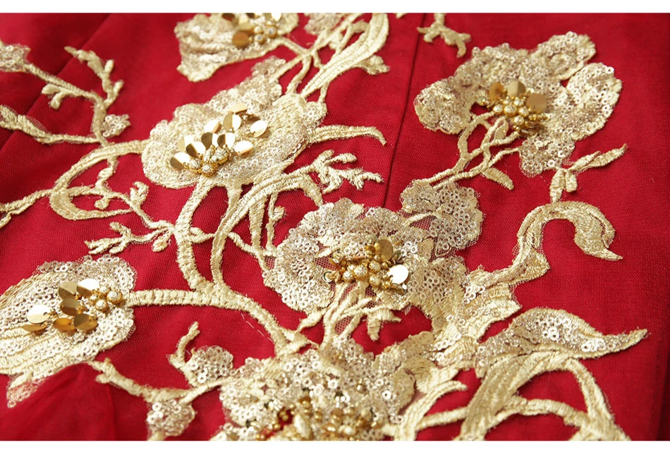 

Red V-neck Gold Bead Flower Flying Sleeves Small Tail Wedding Cocktail Evening Party Dress Light Wedding Dress Evening Dress