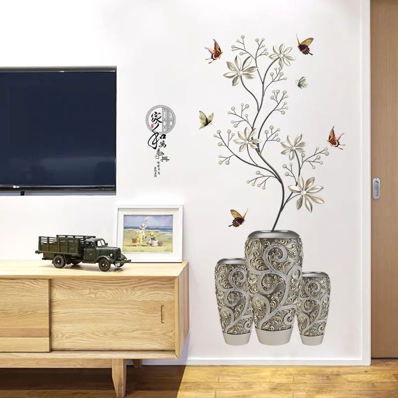 58*118cm Silver Vase Flower Wall Stickers Art Butterfly Tree Home Decor Vinyl DIY Decals Potted Plant Rooms Decoration | Дом и сад