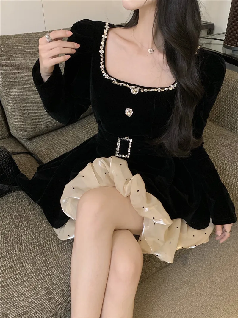 New Year 2022 Party Black Sexy Mini Dress Long Sleeve Rhinestone Square Collar Polka dot Velvet Dresses For Woman Ladies Clothes | Женская