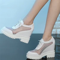 casual shoes women lace up genuine leather wedges high heel ankle boots female round toe fashion sneakers breathable lace pumps