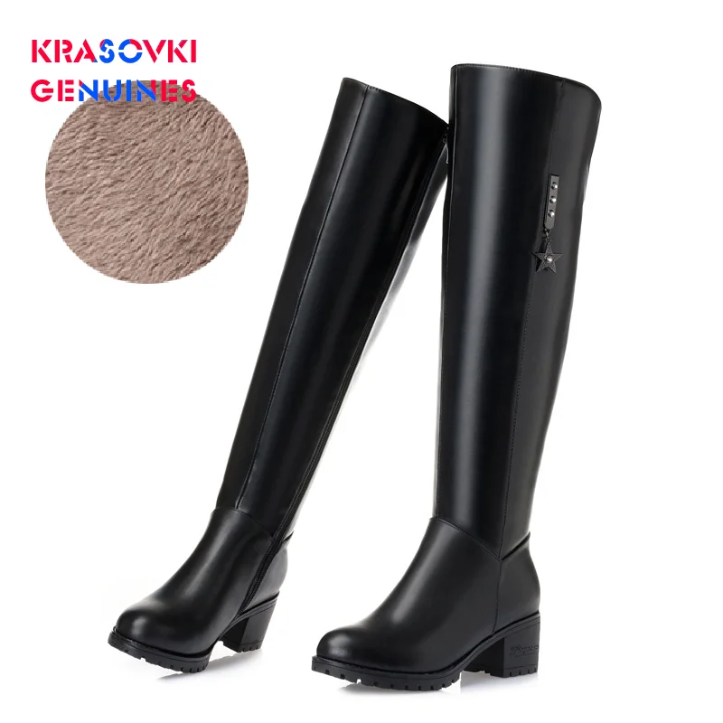 Krasovki/Зимние Кожаные Сапоги выше колена; Прямая поставка; теплые плюшевые модные кожаные сапоги на плоской подошве для отдыха