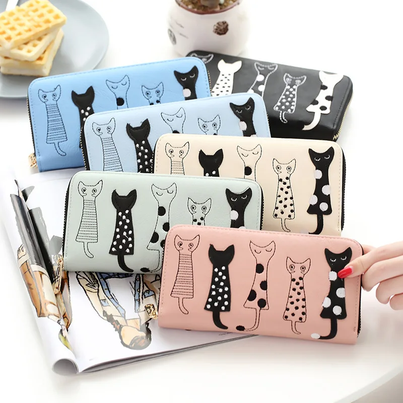 

New Women Cat Cartoon Wallet Long Casual Zip Clutch PU Leather Coin Purse ID Cards Holder B99