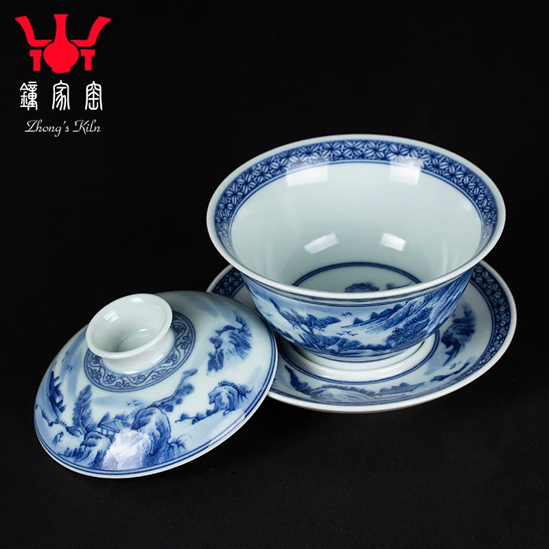 

★kiln jingdezhen tea by hand only three tureen ceramic cups hand-painted porcelain bowl with single maintain landscapes