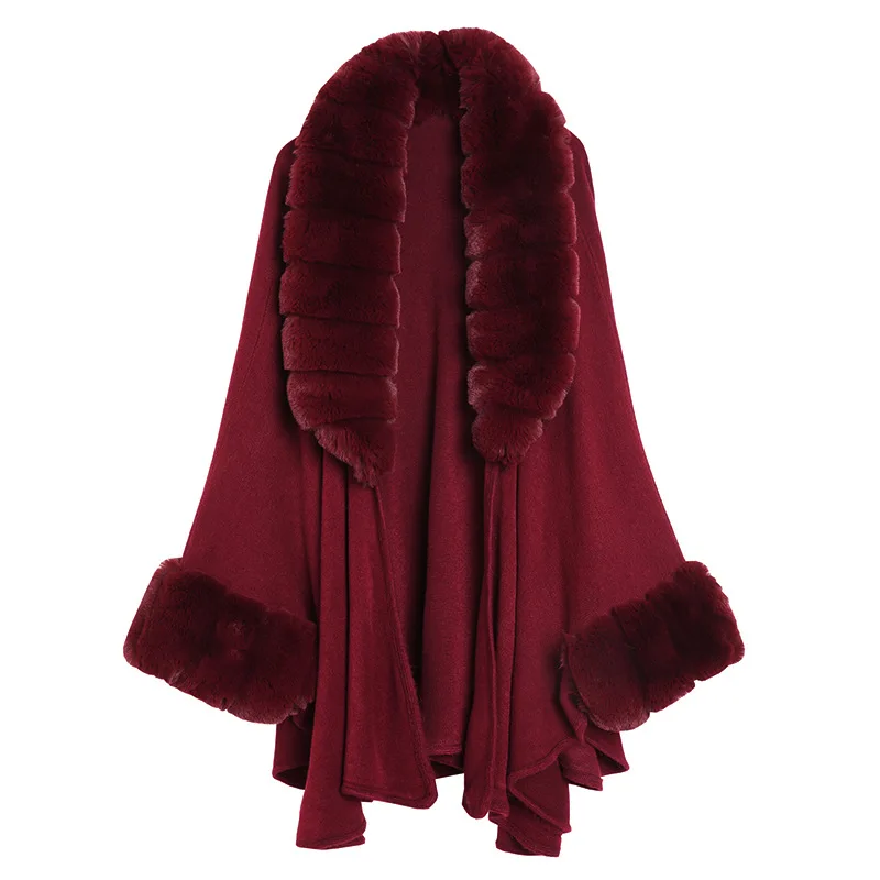 

2021 large loose imitation fox fur collar knit cardigan shawl cloak coat women shawl large size cape coat wholesale dropshipping