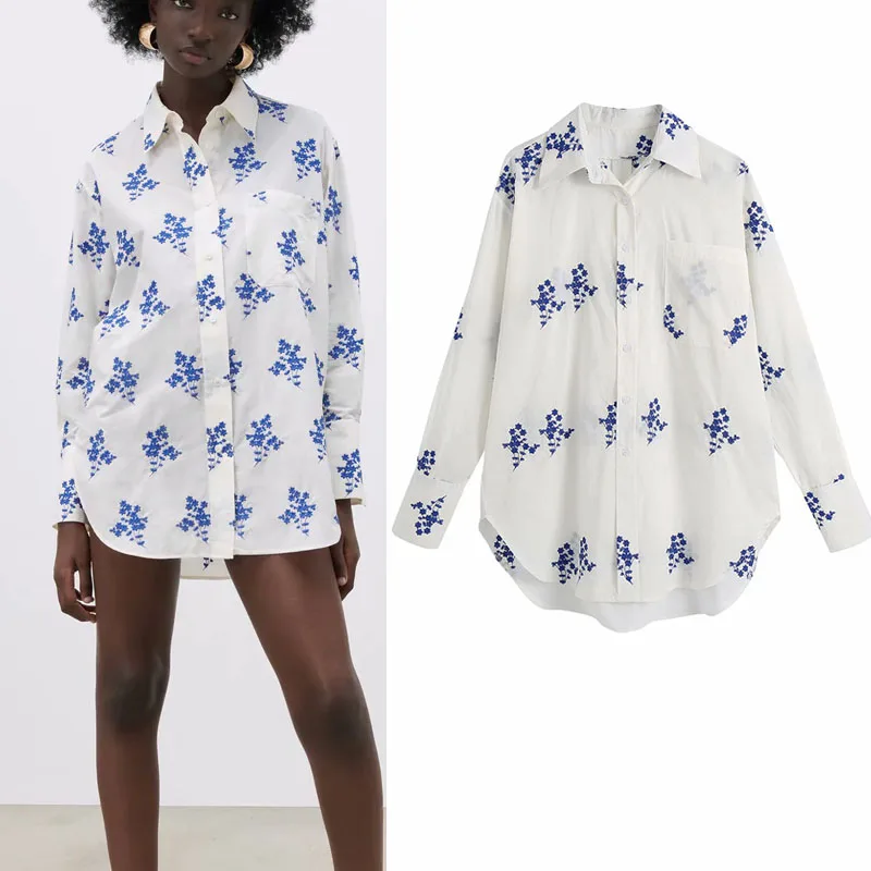

KUMSVAG Women Summer Loose Casual Shirts Blouses Tops 2021 ZA Long Sleeve Pocket Embroidery Female Fashion Street Top BB1409