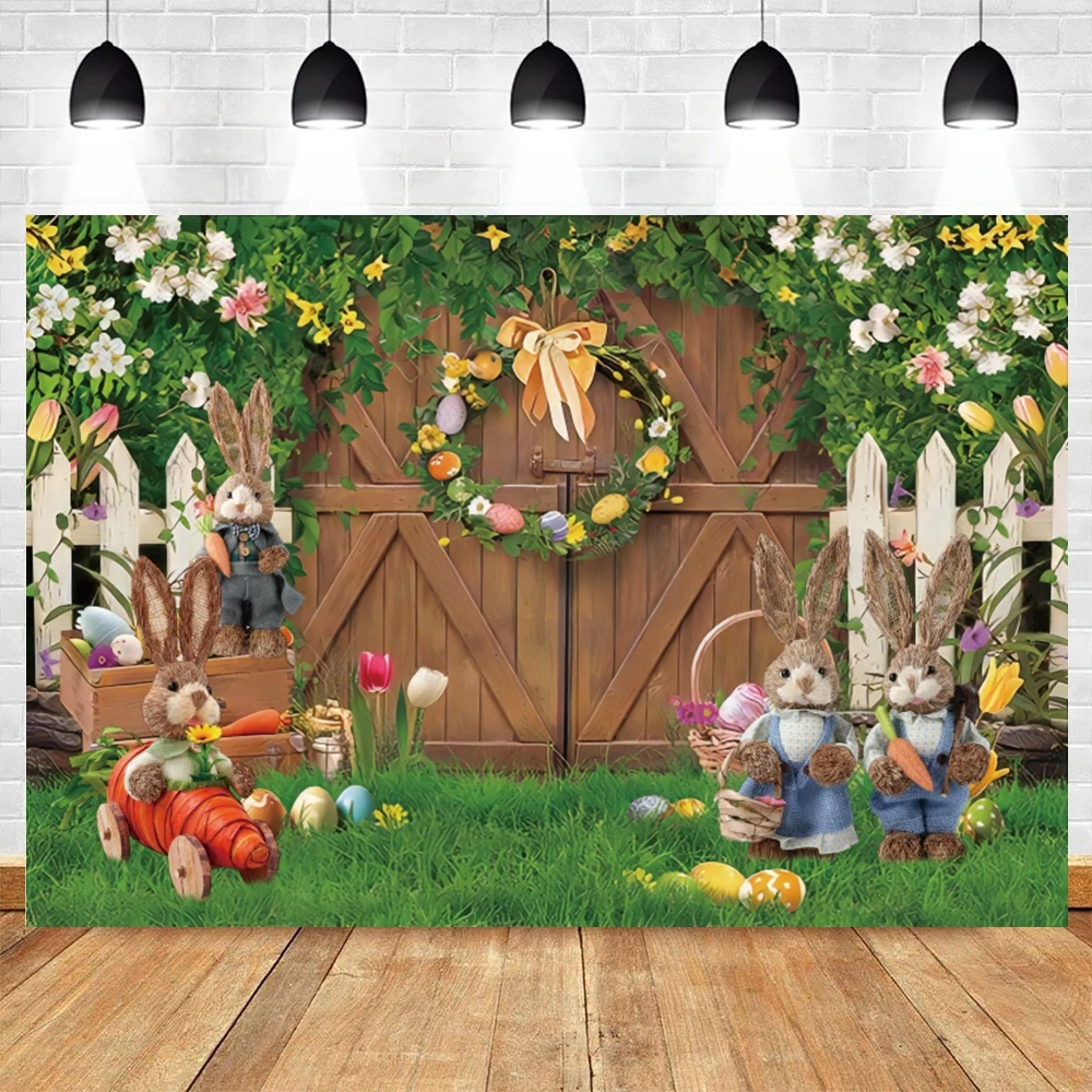 

Фон для студийной фотосъемки с изображением Пасхальных Кроликов весенних цветов кролика деревянной двери