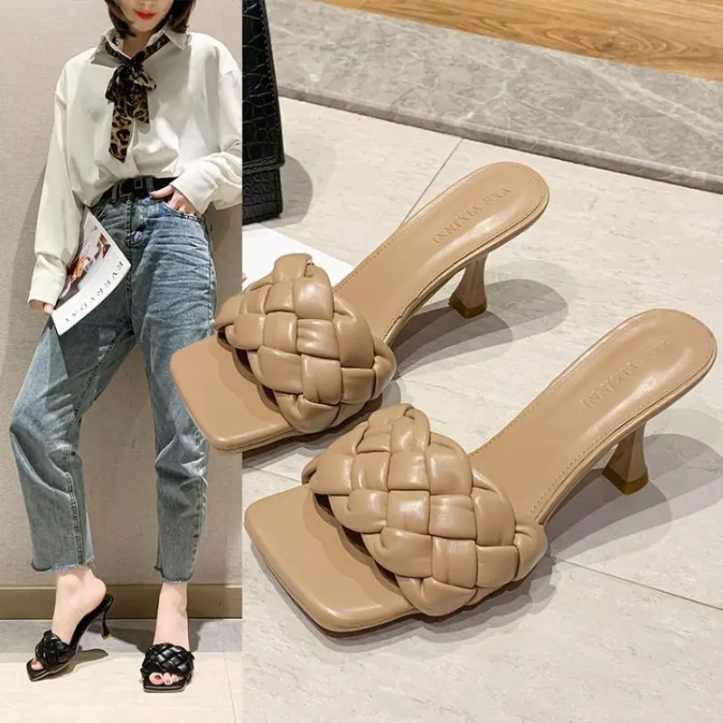 

Luxury Slides Women 8cm High Heels Mules Fetish Pumps Individual Weave Leisure Blue Office Ladies Prom Slippers Women's Shoes