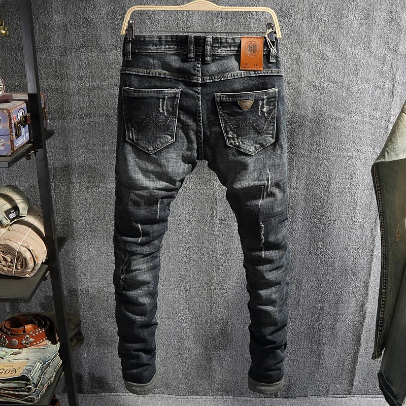 European Street Fashion Men Jeans Retro Black Gray Elastic Slim Fit Ripped Jeans Men Vintage Designer Scratch Casual Denim Pants