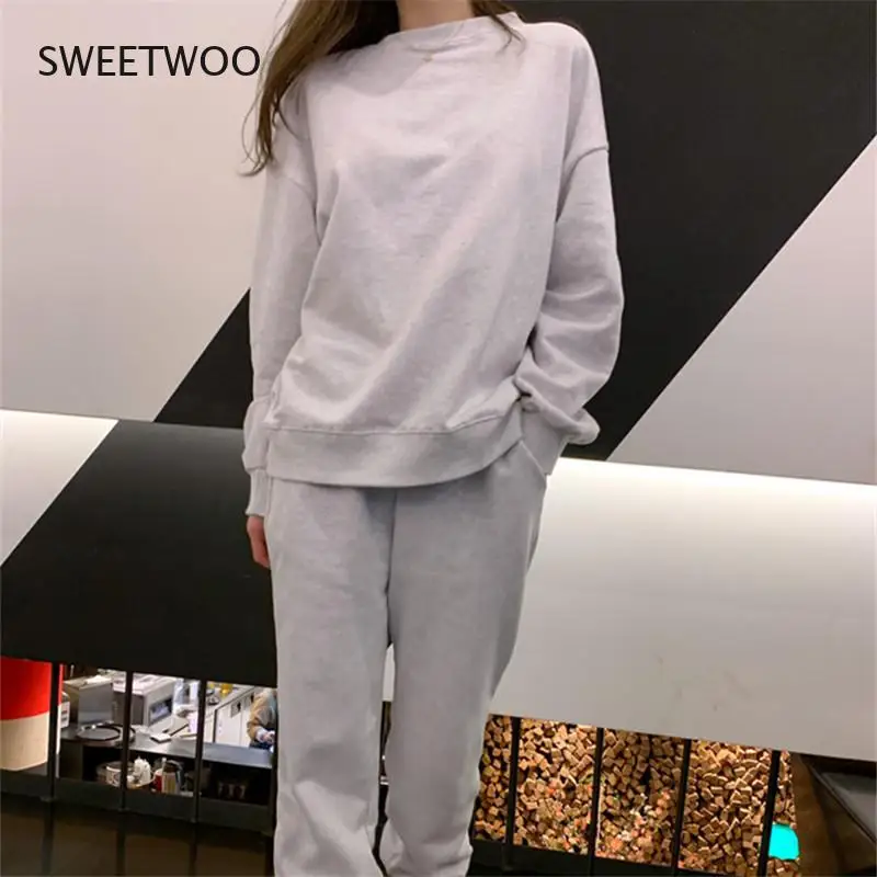 Casual Hoodies and Pants Two Piece for Women Long Sleeve O-Neck Loose Fashion Set Female Korean Chic Free Size