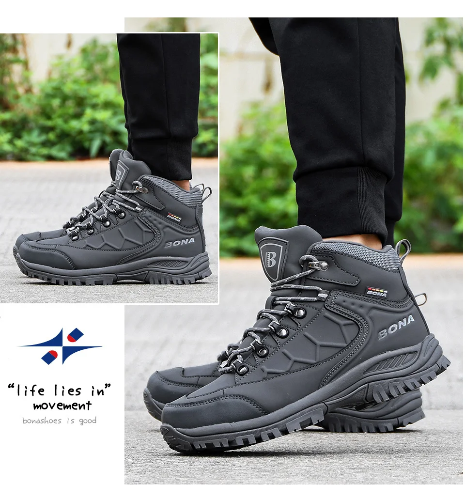 BONA New Leather Hiking Shoes Men Autumn Winter Climbing Boots High Top Trekking Hunting Shoe Trainers Black Waterproof Sports