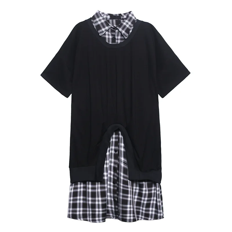 

2021 INS Trend False Two Pieces Black Dress Patched Plaid Blouse Type Cool Girls Street Snap Off The Shoulder Women Skirt Mujer