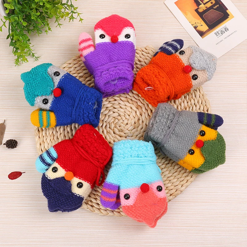 Новые зимние детские вязаные перчатки мультяшный шнурок полный палец варежки