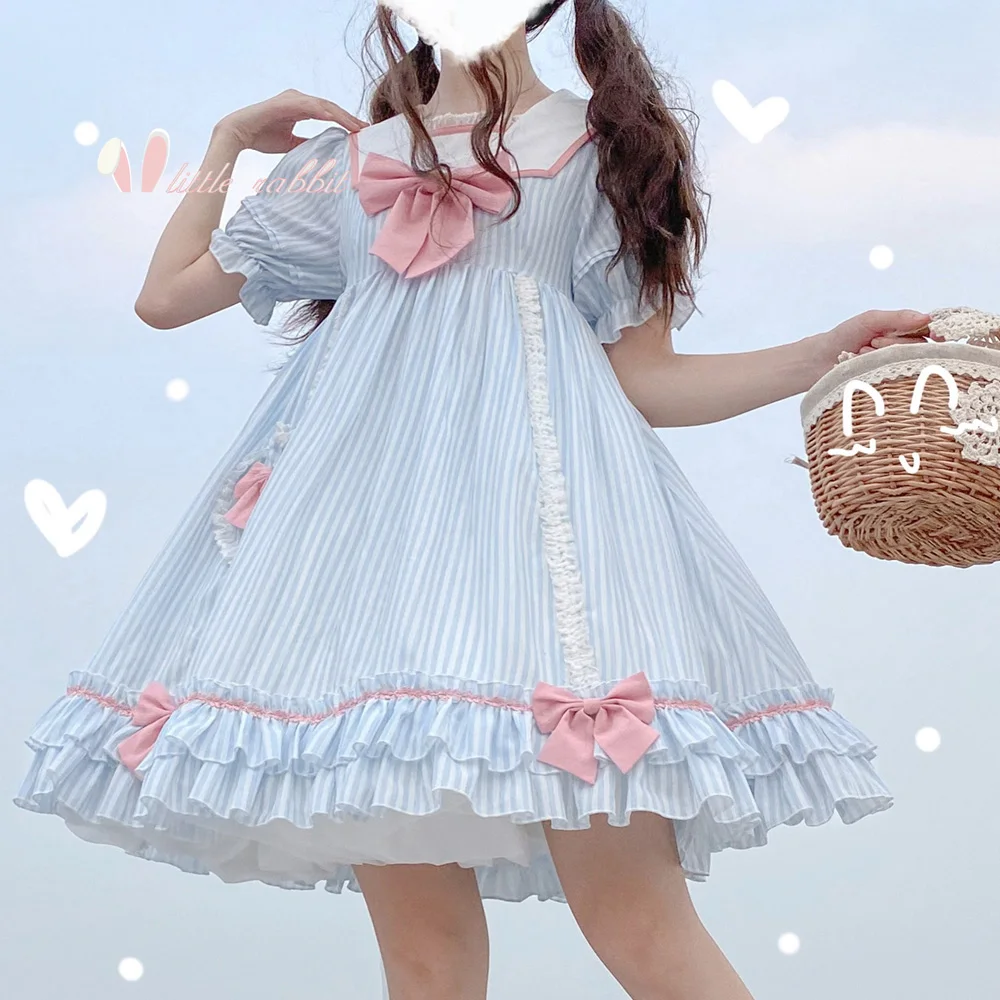 

Летняя Милая SoftGirl «Sweet Lolita» короткий рукав платье OP для костюмированной вечеринки небольшой свежий в полоску матросский воротник принцессы...