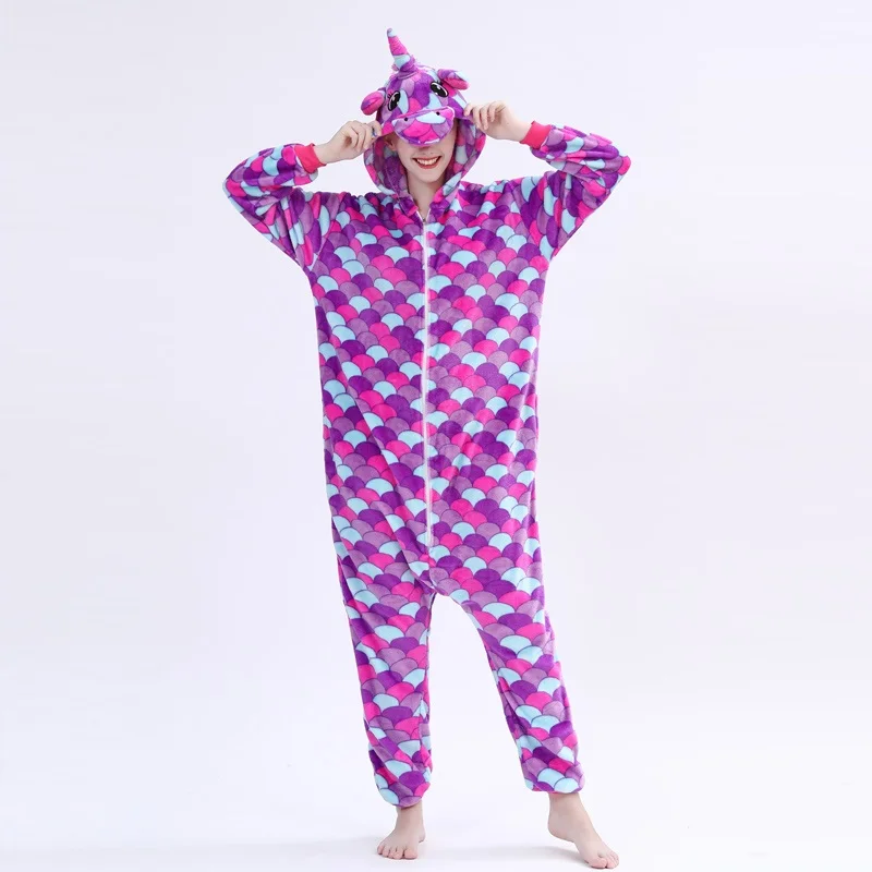 Purple Scale Zipper Мужской женский животный единорог Pegasus пижамы косплей с капюшоном для взрослых Рождество мягкая домашняя одежда зима женщины панда пижамы комбинезон кигуруми пижама единорог женская ночнушка - Цвет: Purple Scale Zipper