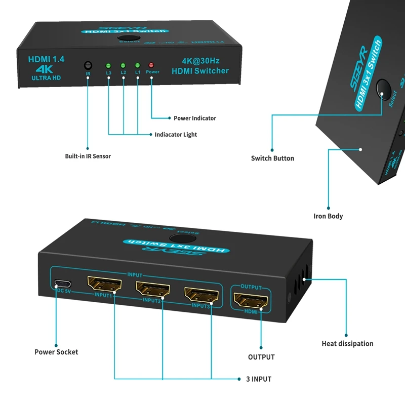 HDMI Switch SGEYR 3 Port Selector Box 1.4 HDCP Support 4K@30Hz Ultra HD 3D 2160P 1080P for PC Laptop PS3 PS4 XBOX | Электроника
