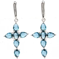 51x22mm shecrown classic cross shape london blue topaz white cz womans gift silver earrings