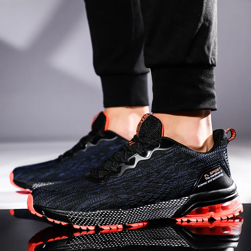 

2021 Men's Fashion Sneakers Lace-up Air Mesh Breathable Damping Jogging Shoes Rubber Air Cushion Non-slip Walking Shoes
