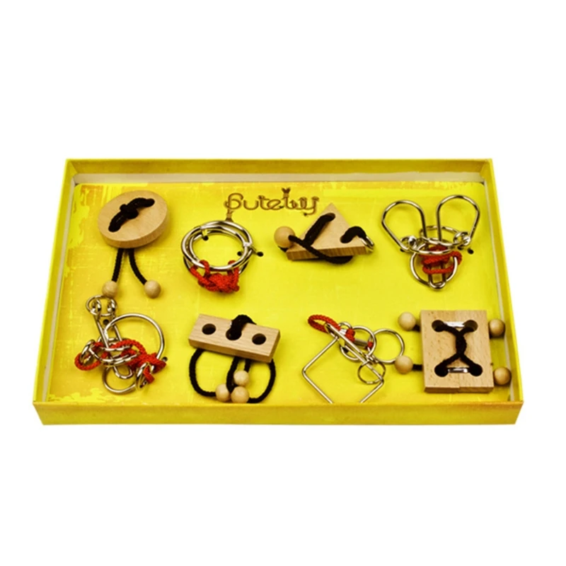 

Butebuy 8Pcs Metal Wire Wood Puzzle Set IQ Mind Brain Teaser Link Unlock Interlock Game Gifts for Kids Eeducational Toy
