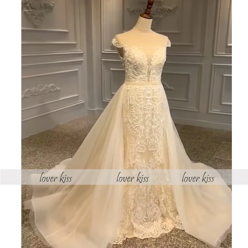 Lover Kiss vestido de novia 2 шт. свадебное платье с жемчугом со съемной юбкой с короткими рукавами 2 в 1 кружевные свадебные платья Реальные фотографии