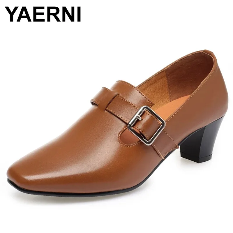

YAERNI Genuine Leather shoes Women Square Toe Pumps Sapato feminino Med Heels Big Size 41 42 43 Fashion Causal Women Shoe
