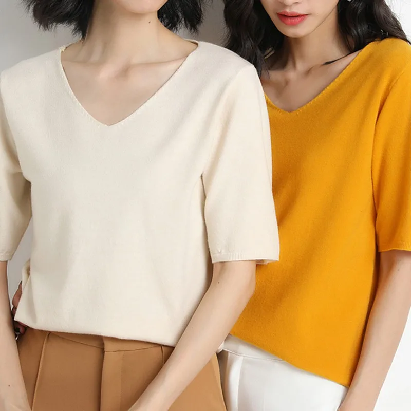

Sweet Female V-neck Pure Color Loose Casual Wild Knitted Short Sleeve T-Shirt One Size