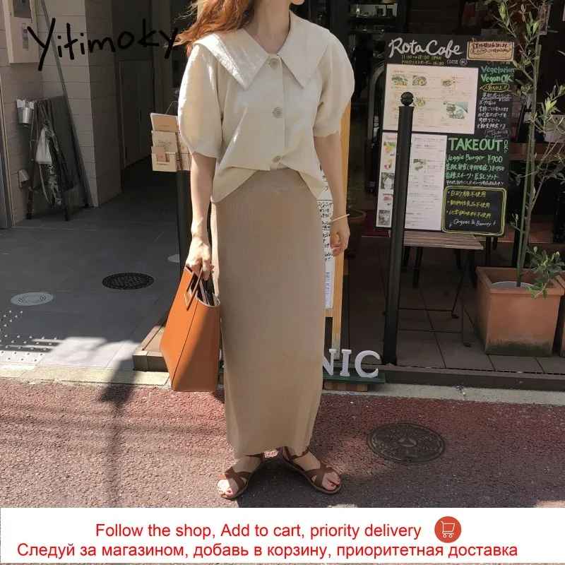 

Yitimoky Button Up Shirt Women Blouse Korean Fashion Clothing Cotton Puff Sleeve Loose Peter Pan Collar Casual New Ladies Tops