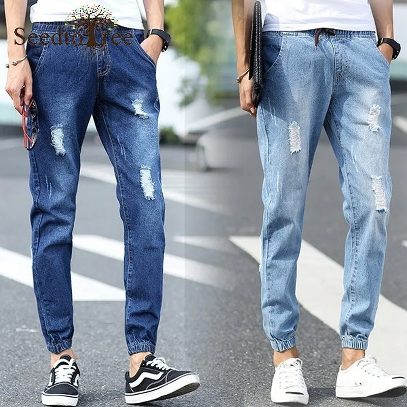 

Men's Jeans Solid Color Ripped Ankle Length Pants Denim Trousers Hole Pencil Pants