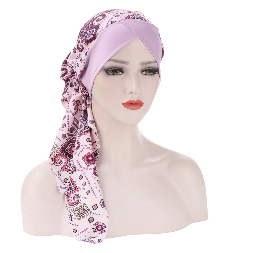 New Bright Silk Forehead Floral Fashion Cross Head Cap Chiffon Chemotherapy Hat Hot Sale Cotton Hijab Turban hijab Bonnet Islam |