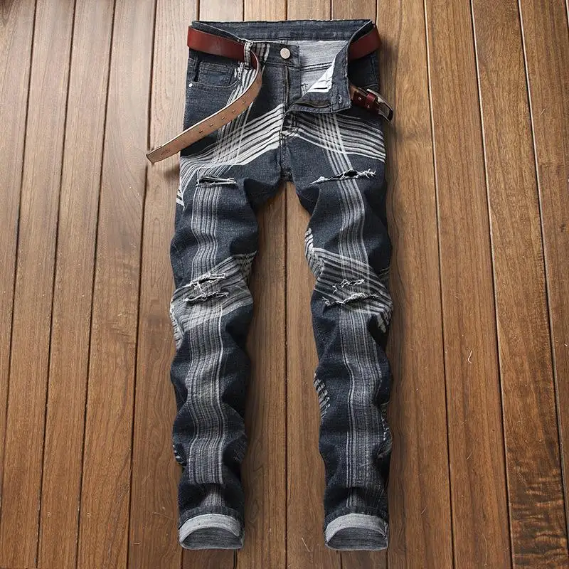 

Men's Straight Jeans Distressed Denim Pants Winter Ripped Denim Trousers