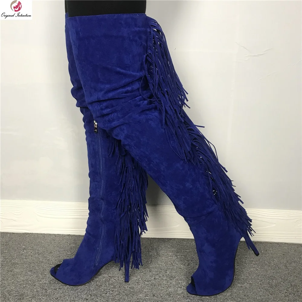 

Original Intention Stylish New Blue Thigh High Fringe Boots Woman Peep Toe Stiletto High Heels Long Boots Sexy Spring Autumn