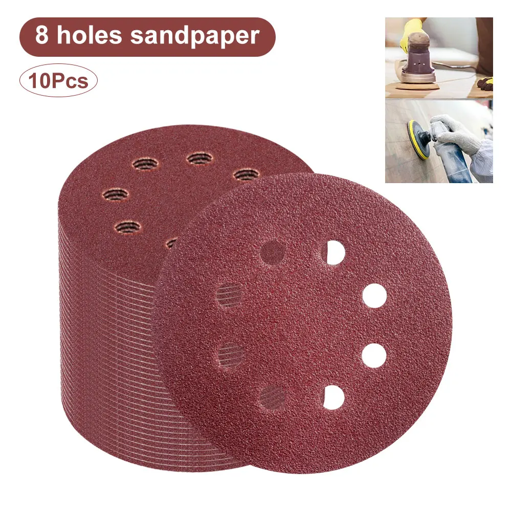 

10Pcs 8 Holes 5 Inch Sanding Discs Hook and Loop 60/80/100/180/240/320/1000/2000 Grit Sandpaper Assortment for Orbital Sander