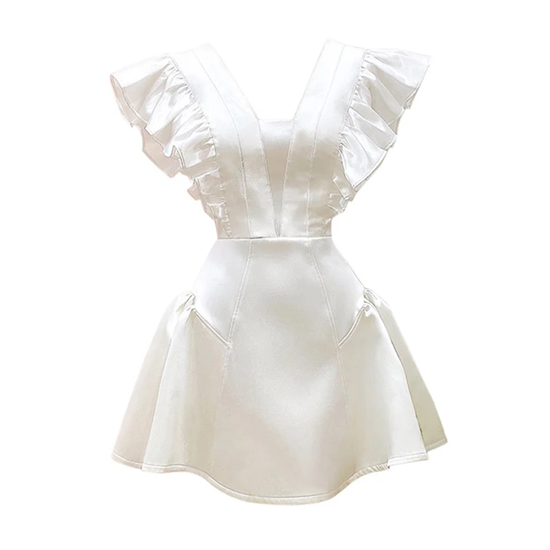 

VGH White Elegant Dress For Women V Neck Flying Sleeve High Waist Solid Casual Pleated Mini Dresses Females Summer Clothing 2021