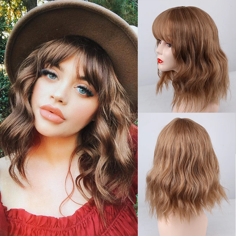 

Короткие вьющиеся парики боб для женщин, синтетические волосы, парик с глубокой волной с челкой, черный, синий, розовый, для косплея, термост...