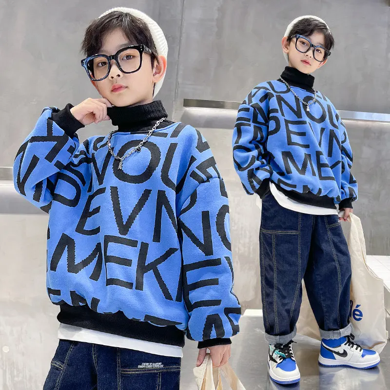 

New Winter Big Boys Sweatshirts Clothes High Collar Fashion Casual Korean Sports Pullover T Shirts Kids Streetwear Cotton Tops