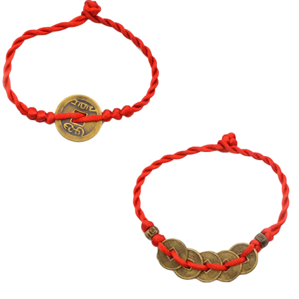 Счастливая Медь Монета браслет в традиционном китайском стиле Feng Shui Красная Нить
