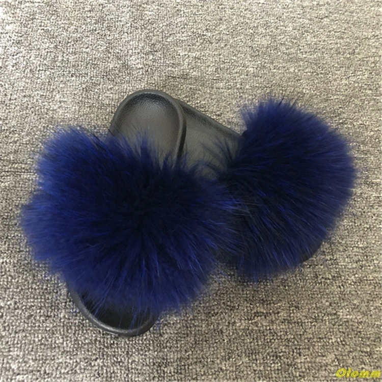 Шлепанцы с натуральным лисьим мехом большие размеры Летние пушистые шлепанцы