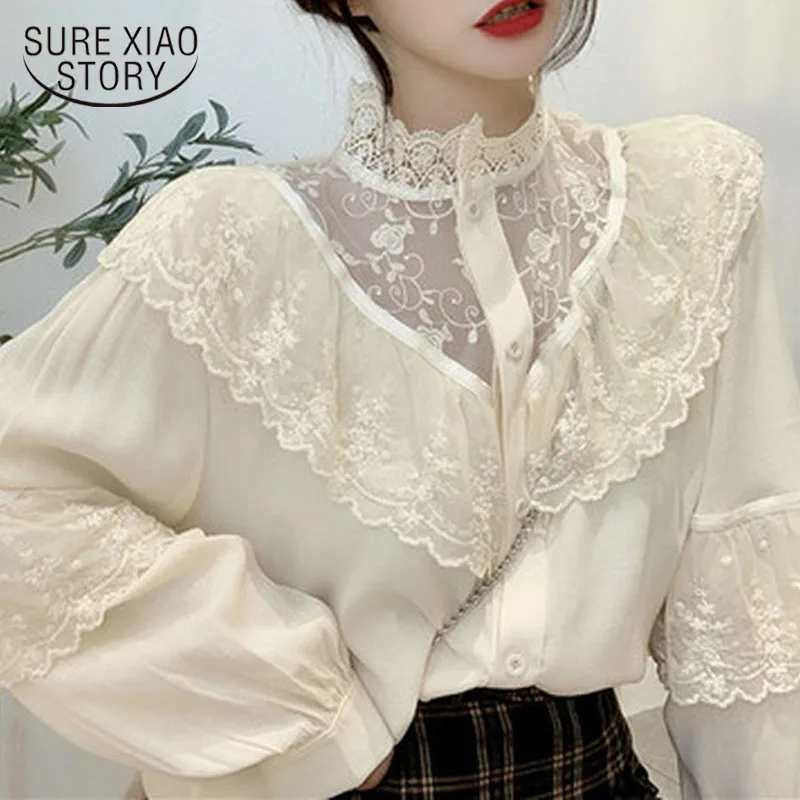 

Autumn Loose Women Blouses Sweet Korean Clothes Lace Up Ruffles Women Blouse Fashion Stand Shirts Vintage Lady Tops Chic 11335