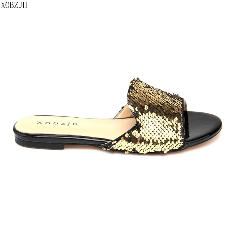 Сандалии женские двусторонние на плоской подошве босоножки с блестками без