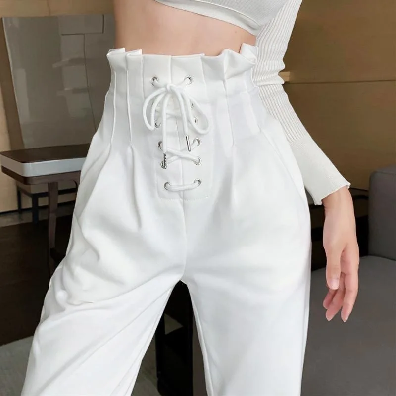 

New Spring Autumn Women Drawstring Harem Pants Elastic High Waist Elegant Streetwear Pants Female Fashion Ankle-Length Trousers
