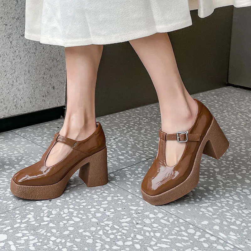 Женские туфли с Т-образным ремешком на толстом высоком каблуке 2021 | Обувь