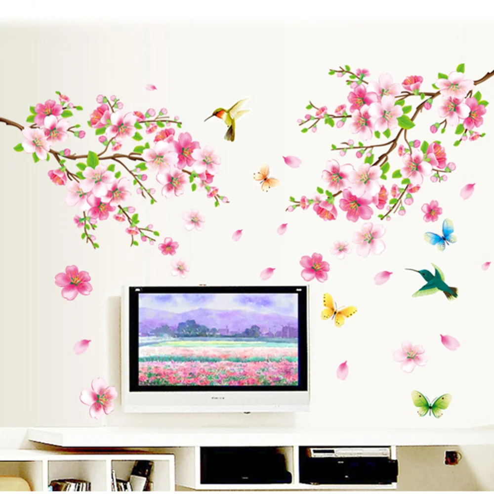 

Large Elegant Flower Wall Stickers Graceful Peach Blossom Birds Stickers Furnishings Romantic Living Room Decorations 60x90cm