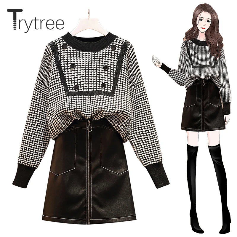 

Trytree 2020 Autumn Winter Two piece Women Set Casual O-neck Buttons Sweater + Zip PU Mini Skirt Elastic Waist Set 2 Piece Suit