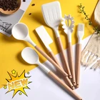 Силиконовая кухонная посуда с деревянной ручкой, антипригарная лопатка, термостойкий инструмент для приготовления пищи, ковш, венчик для яиц, кухонная посуда, аксессуары