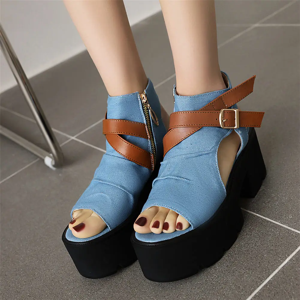

KARINLUNA Large Size 35-43 Female Casual Street Sandals Platform Chunky High Heels Zipper Women Sandals Denim Summer Women Shoes
