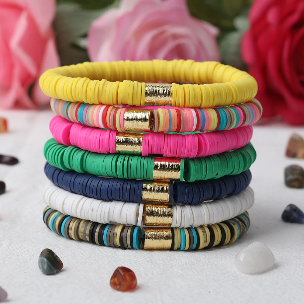 

10Pcs Summer Girls Friendship Bracelet Jewelry 8mm White Black Pink Polymer Clay Flat Heishi Beads Elastic String Bracelet Gift